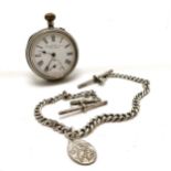 Gents silver cased 4cm diameter pocket watch (a/f) t/w silver albert chain with metal religious