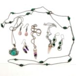 Qty of mostly silver jewellery inc stone & pearl set pendant on 40cm chain, long malachite bead