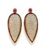 Pair of unmarked 18ct gold ruby & diamond drop earrings - 4cm drop & 16.7g total weight ~ the rubies