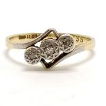 Antique 18ct marked gold 3 stone diamond crossover ring - size L½ & 2g total weight
