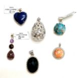 6 x silver pendants inc blue stone heart, opening 'egg' basket pendant etc - 48g total weight