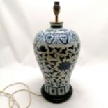 Oriental blue & white baluster hand decorated vase lamp on a wooden base - 50cm high. In good