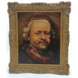 Framed oil on canvas portrait painting of Rembrandt with name on reverse K Irvine - 39cm x 33.5cm