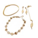 2 x 9ct marked gold bracelets t/w leaf earrings / pendant on necklace set - weight (lot) 6.6g - SOLD