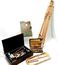Qty of used artists materials inc antique mahogany box with paints, wooden palette (31cm x 20cm),