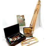 Qty of used artists materials inc antique mahogany box with paints, wooden palette (31cm x 20cm),