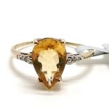 9ct hallmarked gold pear shaped citrine / diamond set ring - size S & 2.1g total weight ~ in