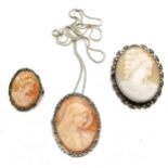 3 x hand carved cameo shell brooches - 1 has carved Mary with marcasite detail & is on a 50cm chain,