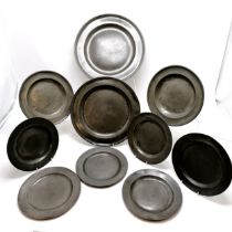 10 x antique pewter plates / chargers inc labelled on reverse as William Clarke (W Cooke), Samuel