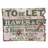 Antique Hawes & Co green and white enamel sign. Double sided with obvious corrosion and loses to the