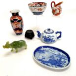 Oriental Blue and white teapot with character marks to base and oval dish with impressed marks 19cm