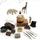 Qty of oddments inc Taylor & Barrett lead giraffe (10cm), coins, bodkins, micro mosaic box, black