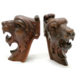 Antique pair of hand carved wooden lion head decorations - 20cm high & 1 nose has a scuff