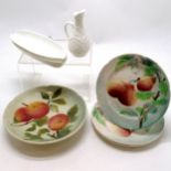 French K G Clement fruit decorated tazza (24cm) + 3 plates (1 has losses to glaze) t/w 2 x