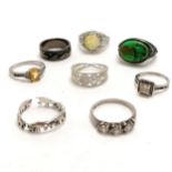 6 x silver marked rings inc citrine, elephant ring (broken) t/w filigree ring & green stone ring ~