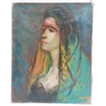Oil on canvas painting of a lady wearing a head scarf bearing the signature J Levin - 48cm x 38cm