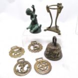 Bronze cast antique putti figure on detached base 12cm high & has losses, brass gospels bell,