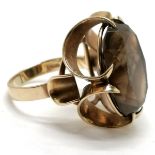 9ct hallmarked gold smoky quartz ring with a high basket mount - size N½ & 8.1g total weight ~ has a