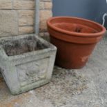 Large terracotta circular pot T/W a square concrete pot, in good used condition