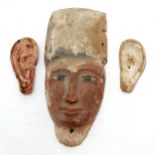 Egyptian wooden hand carved gesso and paint finish death mask with detached carved ears - mask