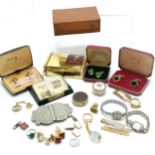 Qty of cufflinks / tie slides, watches etc inc engraved belt buckle, vintage cufflinks in original