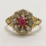 Antique 18ct (indistinctly) marked gold ruby & diamond cluster ring - size M & 3.9g total weight