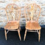 Pair of beech/elm wheelback kitchen chairs 93cm high