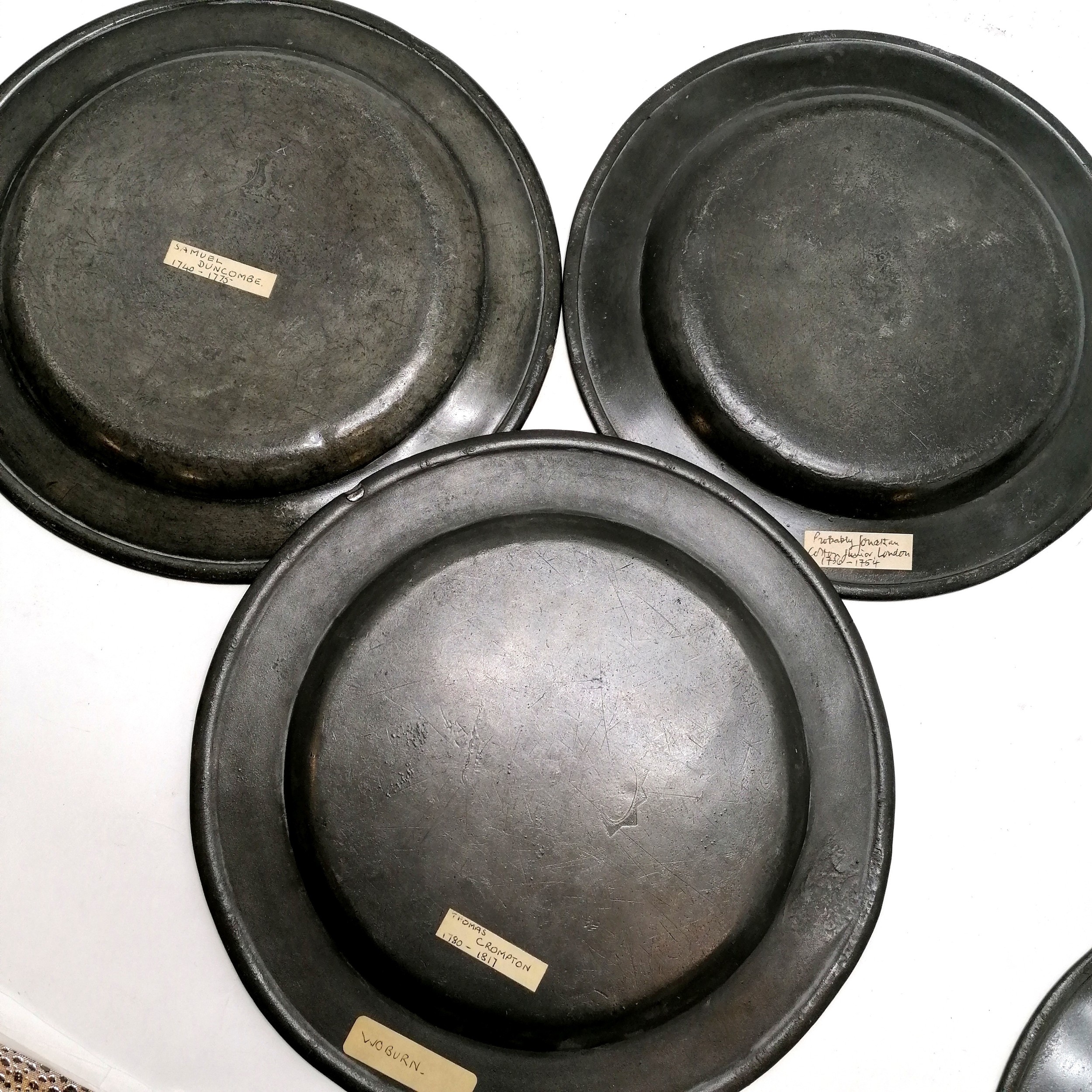 10 x antique pewter plates / chargers inc labelled on reverse as William Clarke (W Cooke), Samuel - Image 5 of 10