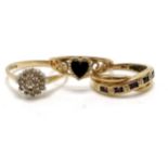 3 x 9ct hallmarked gold rings ~ diamond cluster (size L), black onyx heart (size N) & amethyst /