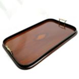 Antique mahogany 2 handled gallery tray with inlaid shell decoration - 55cm x 35cm & has slight warp