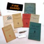 Qty of WWII booklets inc air raid precautions t/w ARP wistle, fire guard armband & penknife