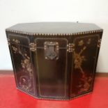 Oriental hand painted leather covered storage box. 57cm wide x 38cm deep x 46cm high. In good