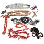 Qty of twig coral & garnet beads t/w antique shell 3 strand necklace (loosely strung) etc - SOLD