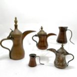 3 x antique dallah coffee pots (tallest 38cm) t/w 2 side handled jugs - all is used condition
