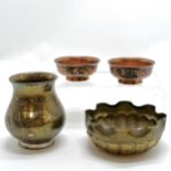 4 x Eastern copper & brass vessels inc 2 copper dishes + wavy edge dish (11cm diameter) have