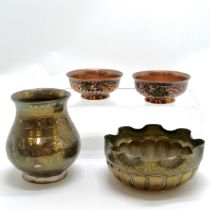4 x Eastern copper & brass vessels inc 2 copper dishes + wavy edge dish (11cm diameter) have