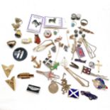 Qty of badges, tieslides, antique silver fronted studs etc