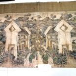 Antique Chinese hand painted silk wall hanging - 350cm x 107cm & has obvious wear
