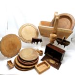 Wooden trug + small antique trug t/w 6 x breadboards, butter pat, chess set (in wooden box & 1 piece