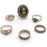 6 x silver rings inc amethyst / marcasite, large smoky quartz, 9ct and silver eternity etc ~ total