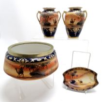 3 x Noritake camel in desert pattern 22cm diameter bowl (with nickel frame), pair of vases t/w camel