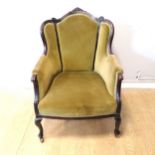 Antique Mahogany framed parlour chair with green upholstery on casters 70cm wide x 74cm deep x