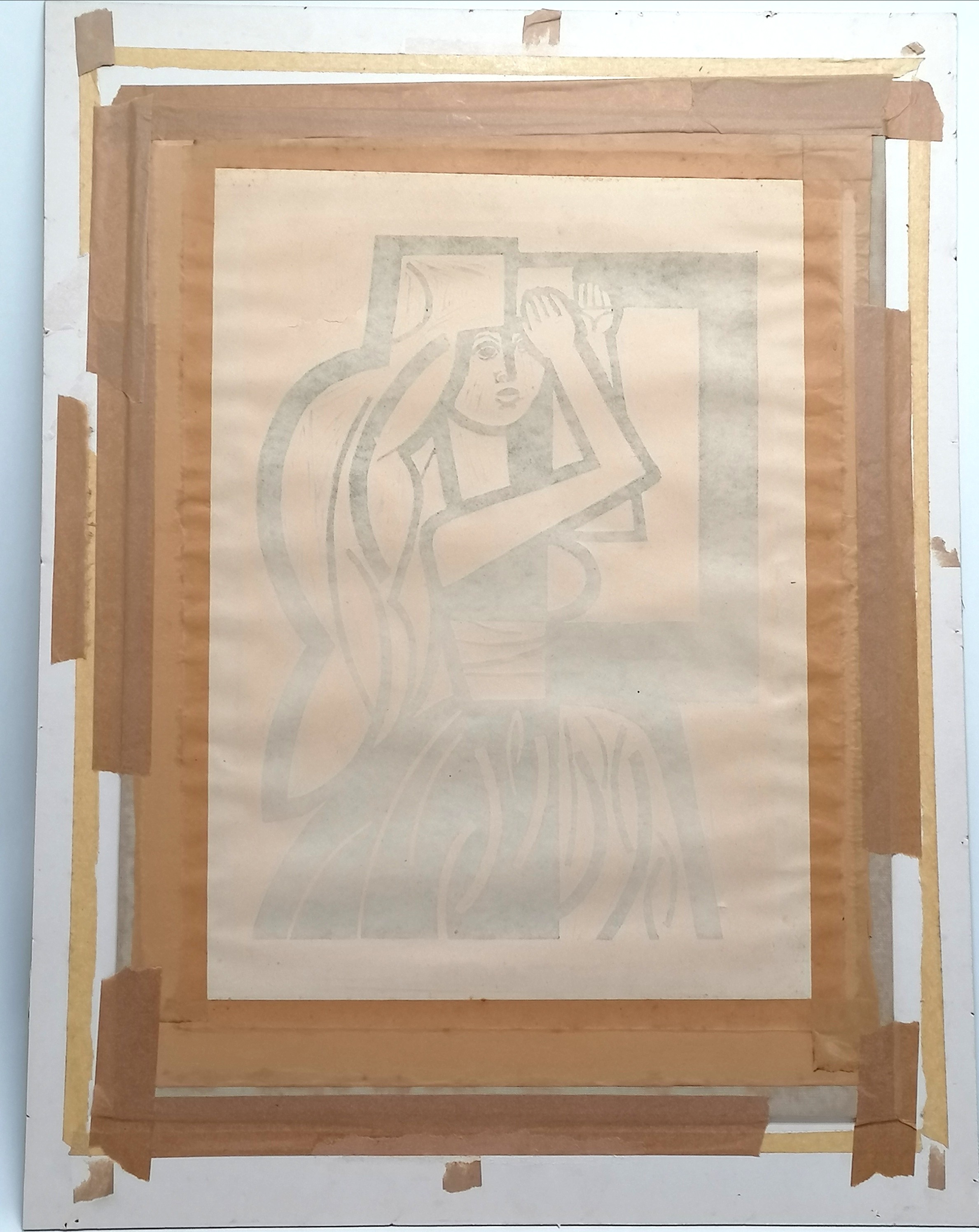 Signed woodblock print (#8/100) of a lady with long hair in a frame with a label on the reverse - Image 3 of 6