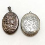 2 x silver lockets - 1 has a Art Nouveau style ladies head design (4.5cm drop), the engraved