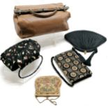 Antique small gladstone leather bag - 35cm across x 28cm high inc handle t/w tapestry purse,