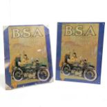 Contemporary vintage BSA motor bicycles advertising signs - 40cm x 29.5cm - some corrosion to 1 sign