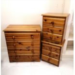 Pair of pine bedside cabinets with 3 drawers, 46cm wide x 33cm deep x 55cm high T/W a matching 4