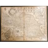 Framed 1676 map of 'The North and East Riding of Yorkshire' by John Speed (1552-1629) and sold by