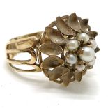 9ct hallmarked gold pearl set flower design ring - size M½ & 4.9g - SOLD ON BEHALF OF THE NEW BREAST
