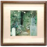 Framed watercolour painting of 'Cottage door and roses' by Perri Duncan - 47cm x 48cm